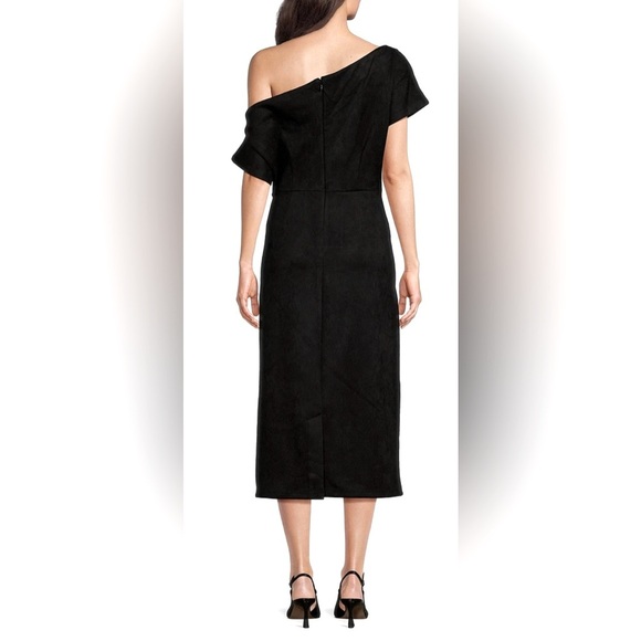 Black Faux Suede Off-the-Shoulder Ruched Midi Cocktail Dress Size L - Picture 4 of 11